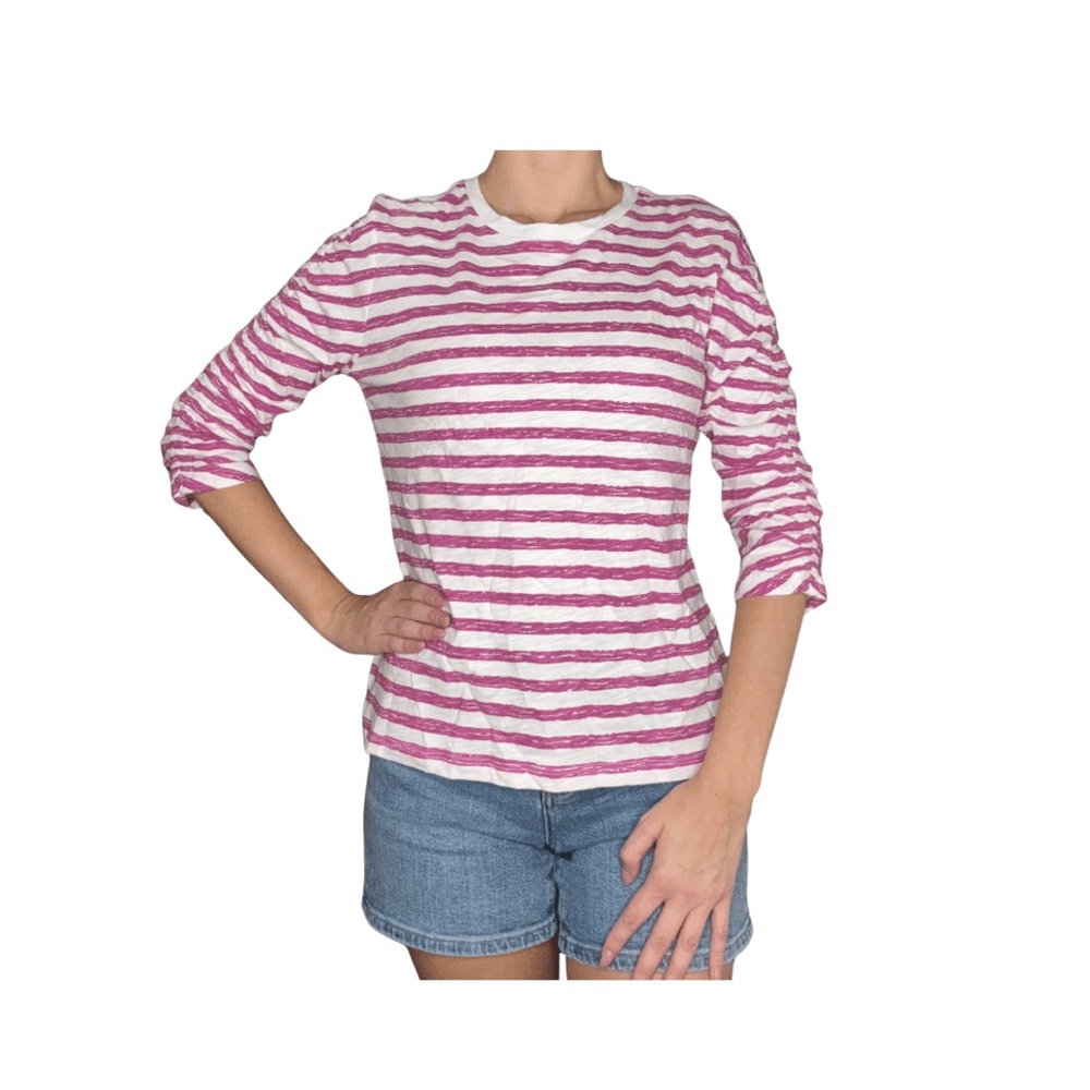 Elliott Lauren Fuchsia Stripe Cotton Ruched Sleeve Tee